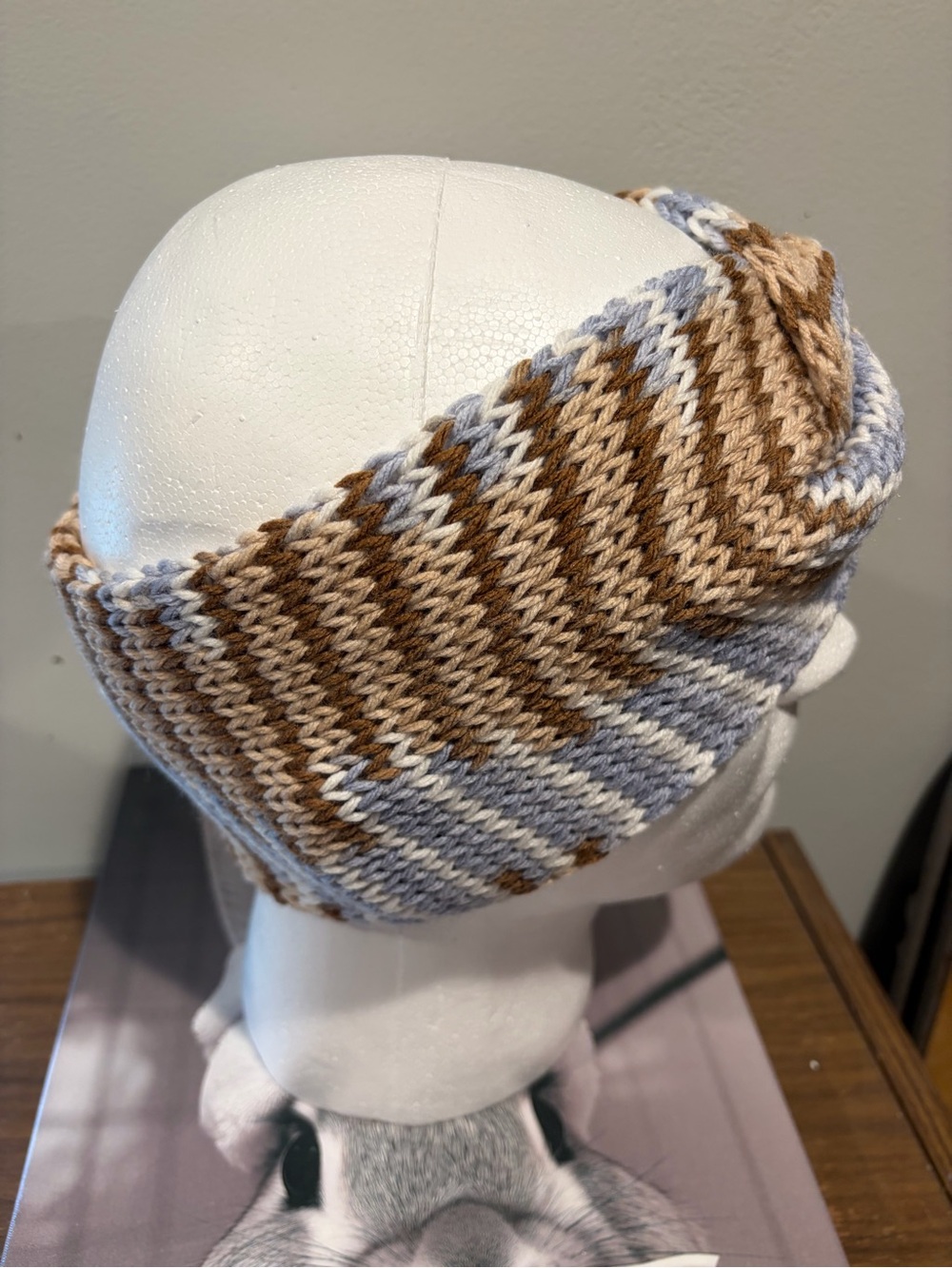 Handmade Knit Twist Front Ear Warmer Blue Brown Cream Headband - Picture 3 of 5
